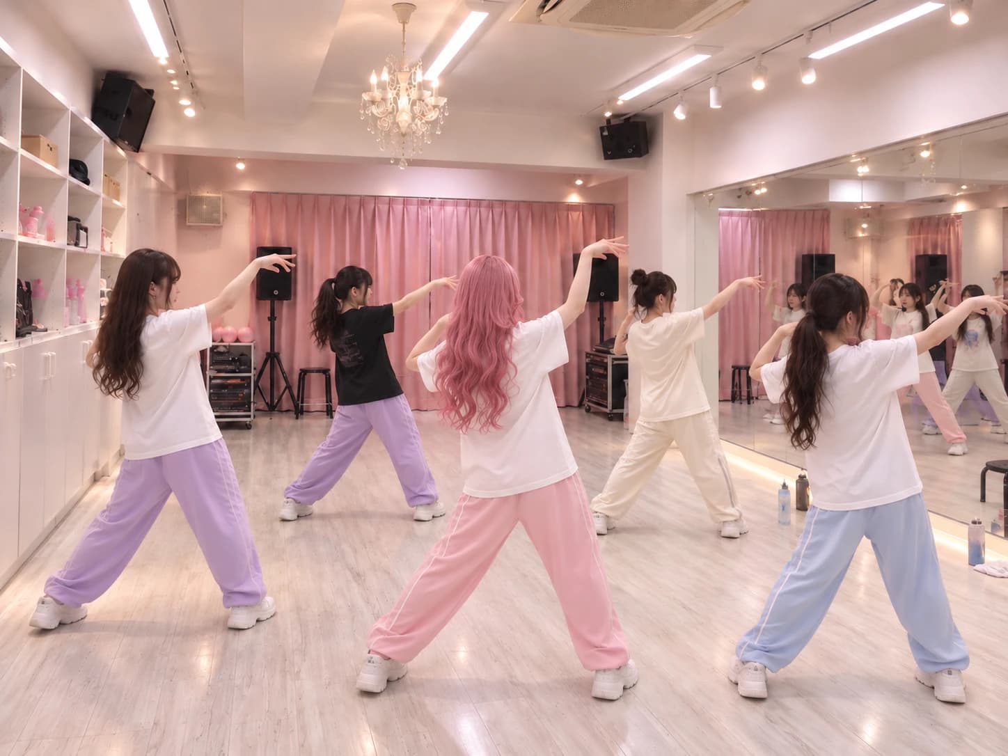 ピンクのスタジオで、そろってダンスのレッスンをする5人のイメージ写真