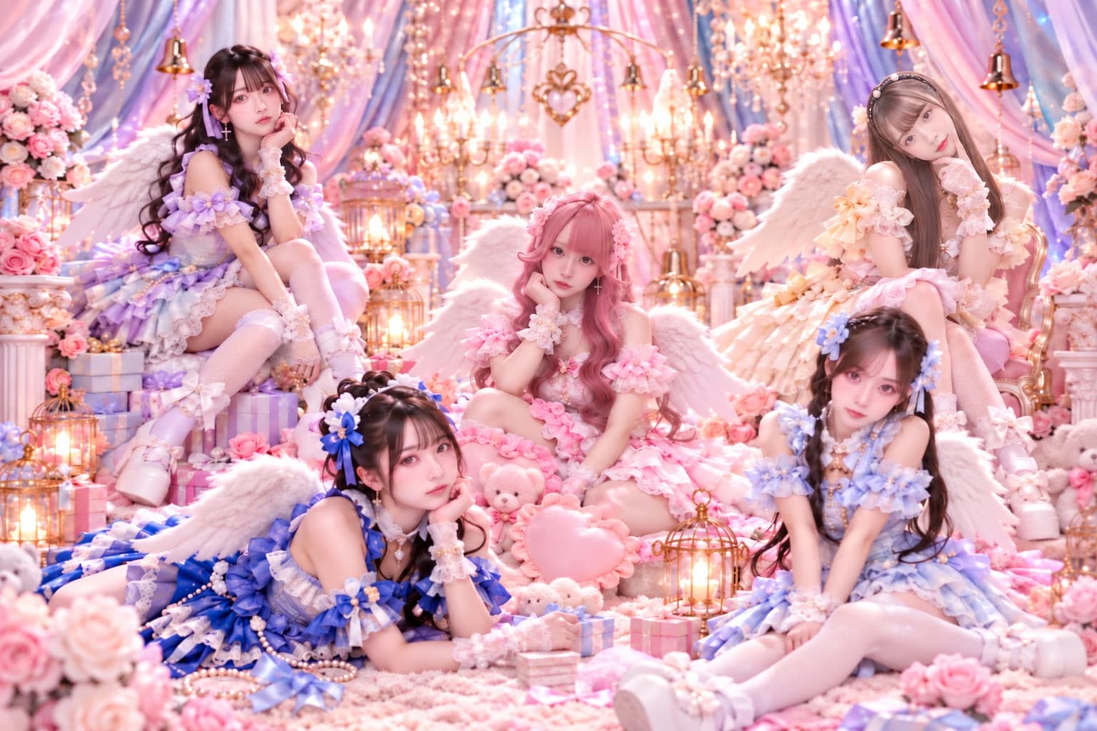 天使の羽をつけた衣装で、お花に囲まれて座る5人のイメージ写真