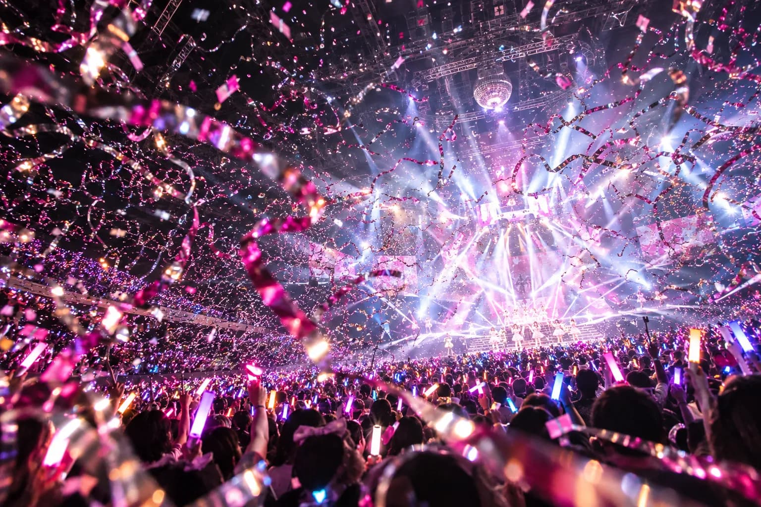 紙吹雪とペンライトの光に包まれた、ライブ会場のイメージ写真